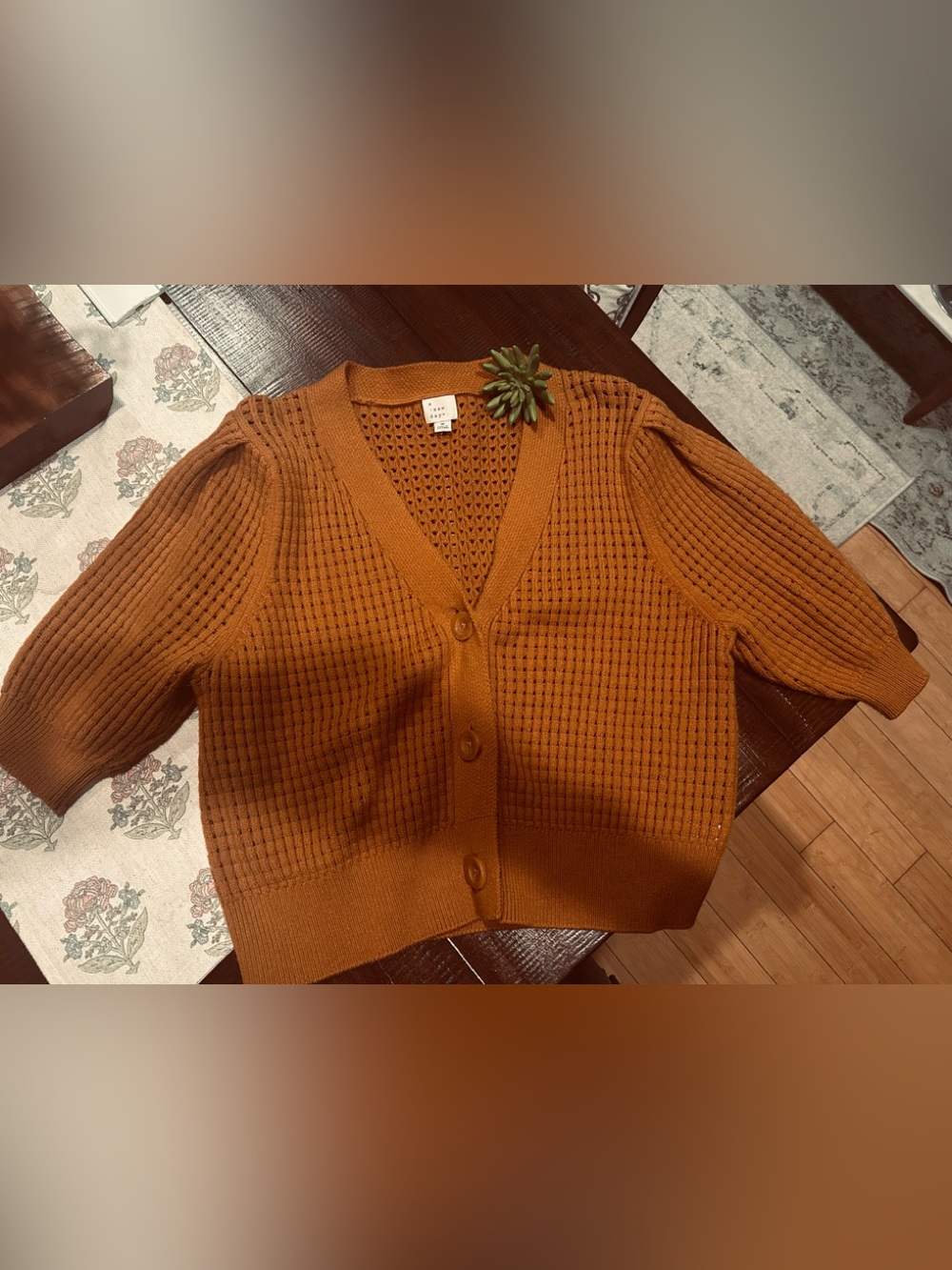 a new day Rust Orange Open-Knit V-Neck Button Cardigan